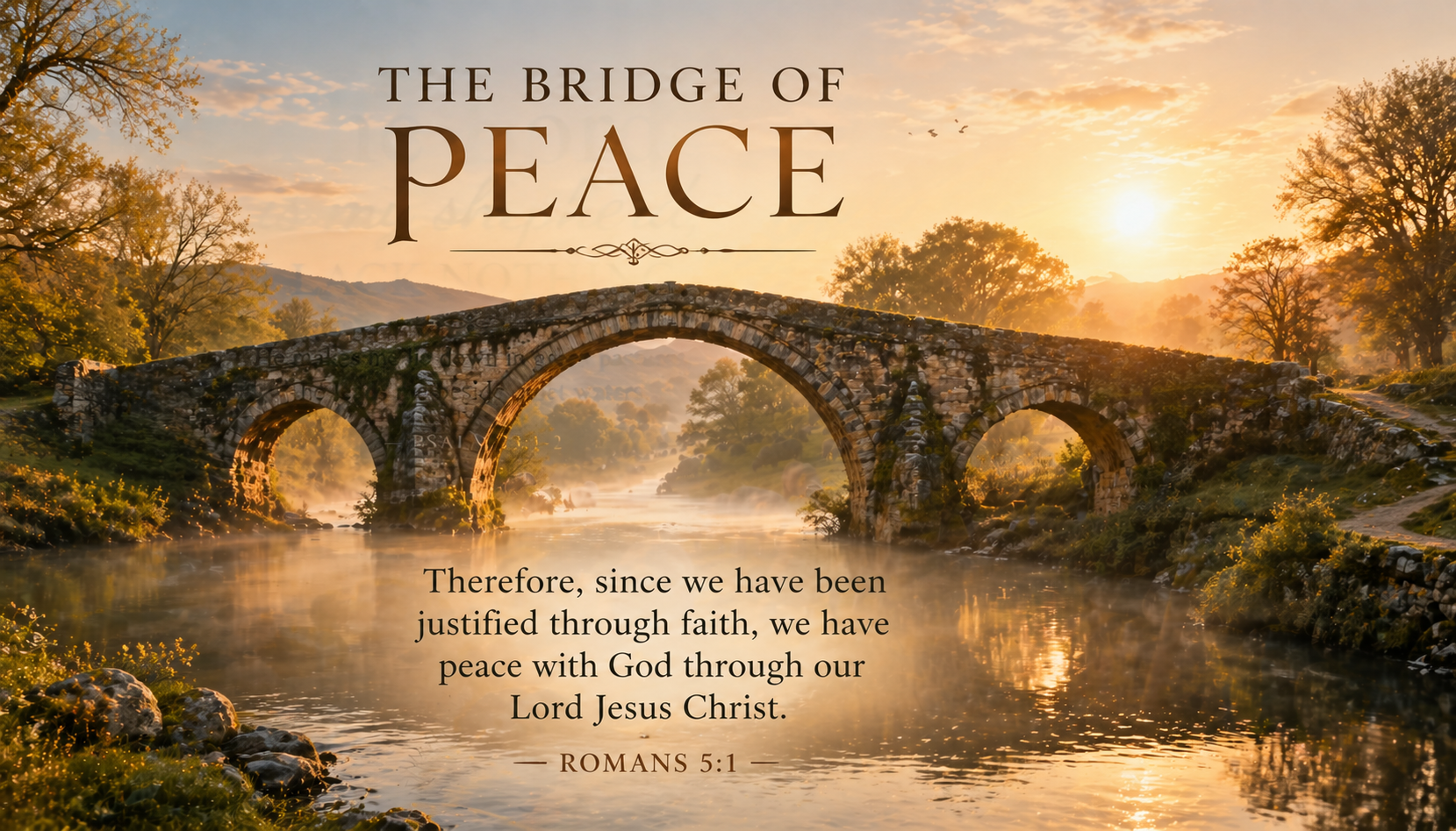 Bible verse wallpaper Romans 5:1 with old stone bridge over calm river at dawn connecting two banks in mist